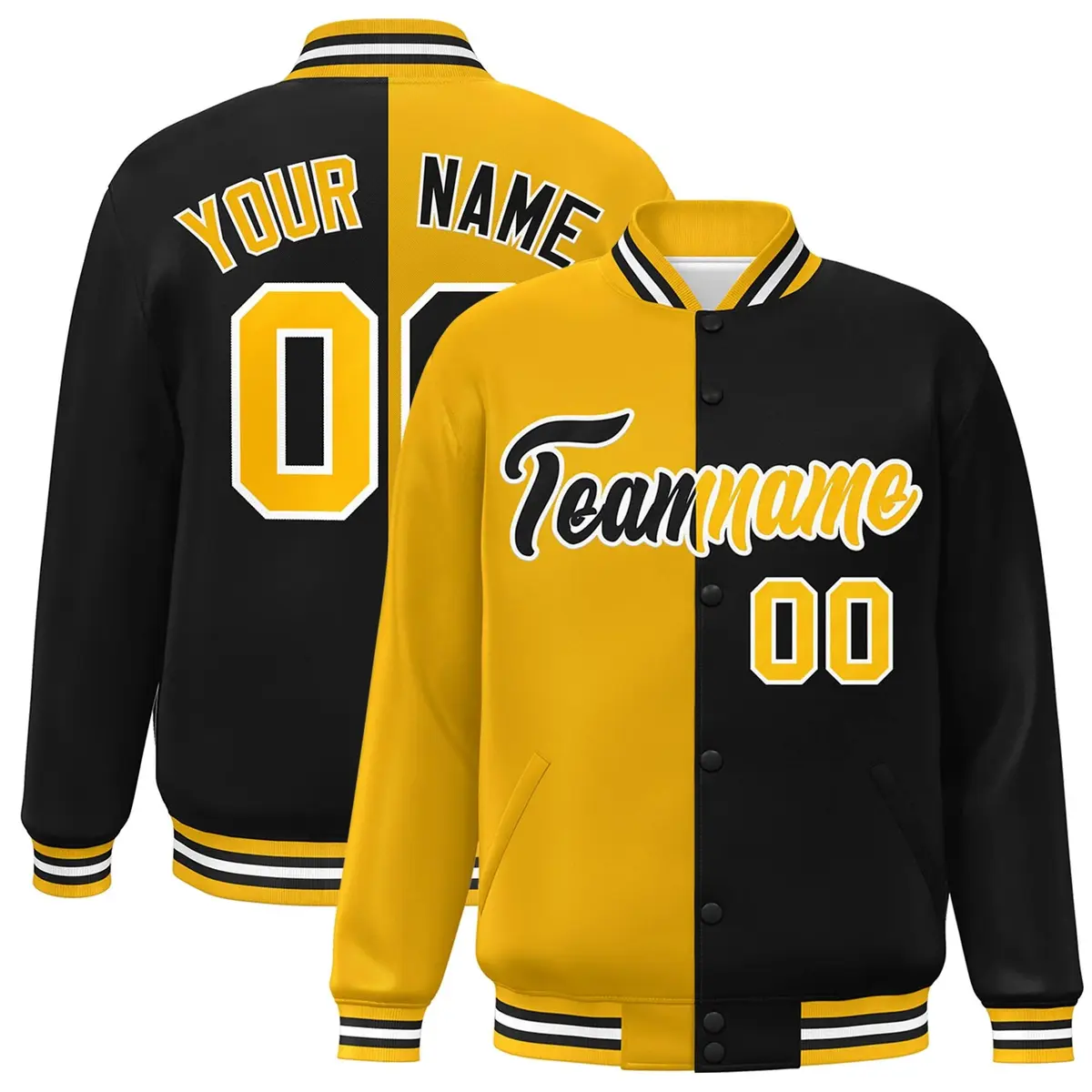 Black Gold-White Two Tone Split Varsity Full-Snap Letterman Jacket