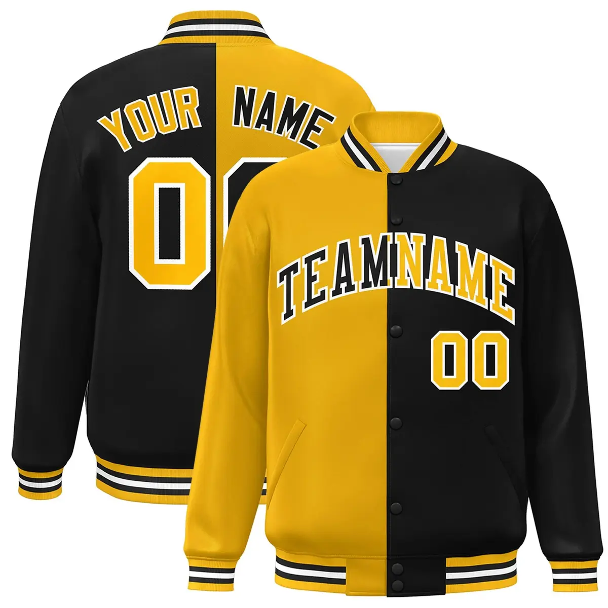 Black Gold-White Two Tone Split Varsity Full-Snap Letterman Jacket