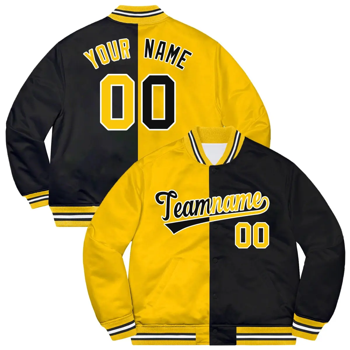 Black Gold-White Two Tone Split Varsity Letterman Bomber Jacket