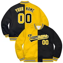 Black Gold-White Two Tone Split Varsity Letterman Bomber Jacket