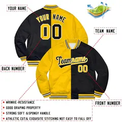 Black Gold-White Two Tone Split Varsity Letterman Bomber Jacket 2