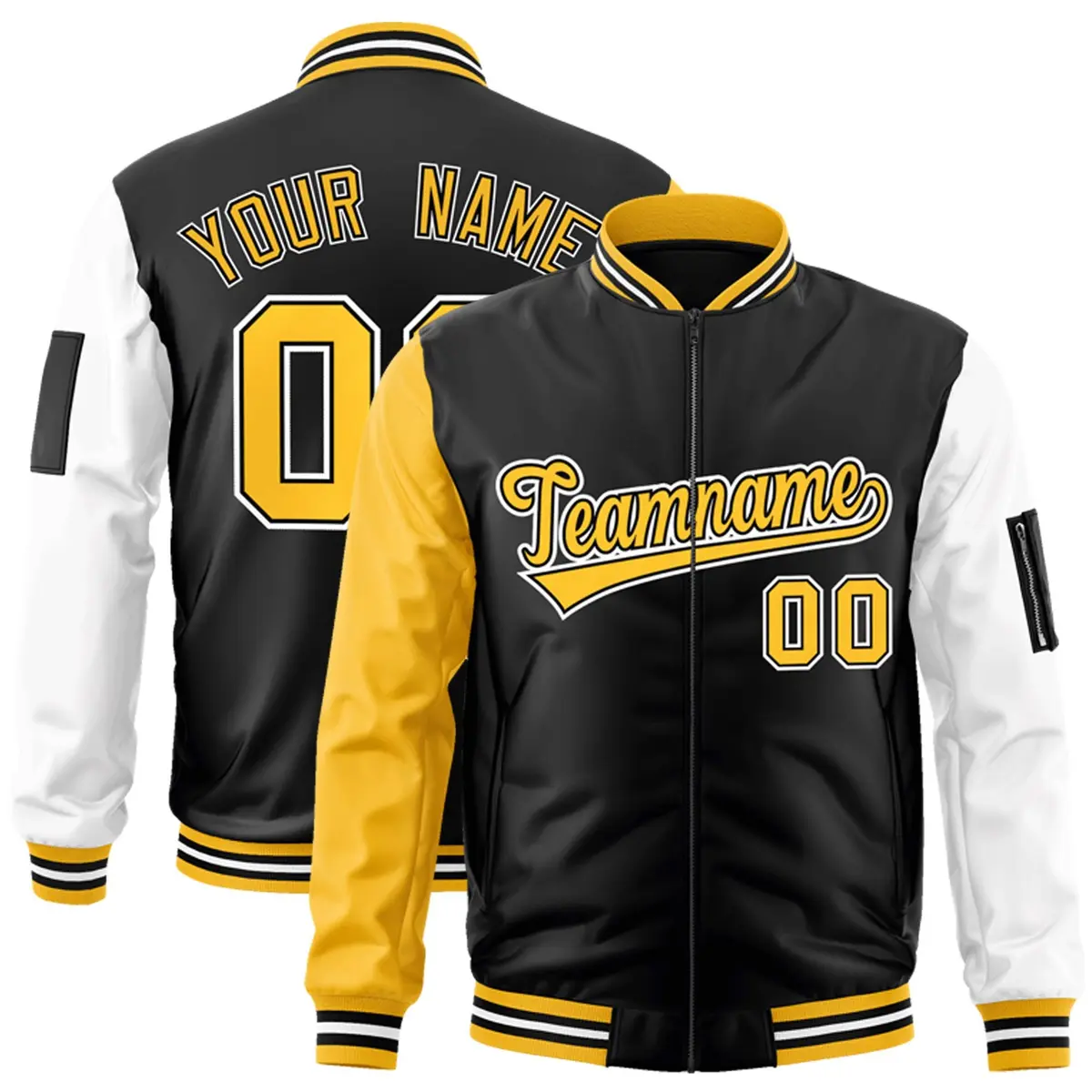 Black Gold-White Varsity Raglan Letterman Bomber Jacket