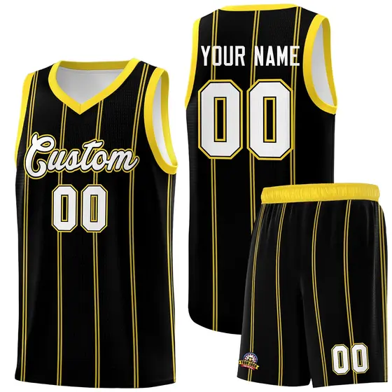 Black Gold White Vertical Stripes Basketball Jersey Set