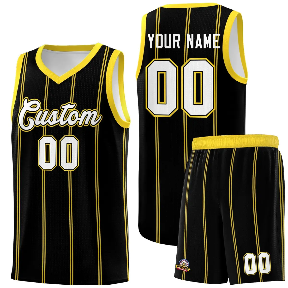 Black Gold White Vertical Stripes Basketball Jersey Set