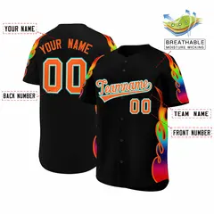 Black Graffiti Multicolored Flames Print Baseball Jersey 2