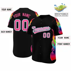 Black Graffiti Multicolored Flames Print Baseball Jersey 2
