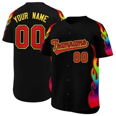 Black Graffiti Multicolored Flames Print Baseball Jersey 1