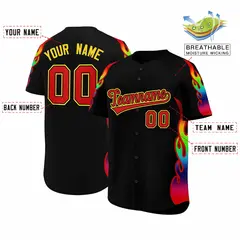 Black Graffiti Multicolored Flames Print Baseball Jersey 2