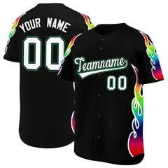 Black Graffiti Multicolored Flames Print Baseball Jersey 1