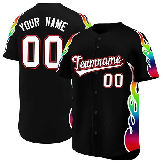 Black Graffiti Multicolored Flames Print Baseball Jersey