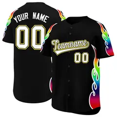 Black Graffiti Multicolored Flames Print Baseball Jersey 1