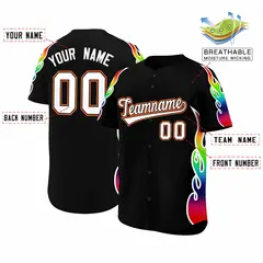 Black Graffiti Multicolored Flames Print Baseball Jersey 2