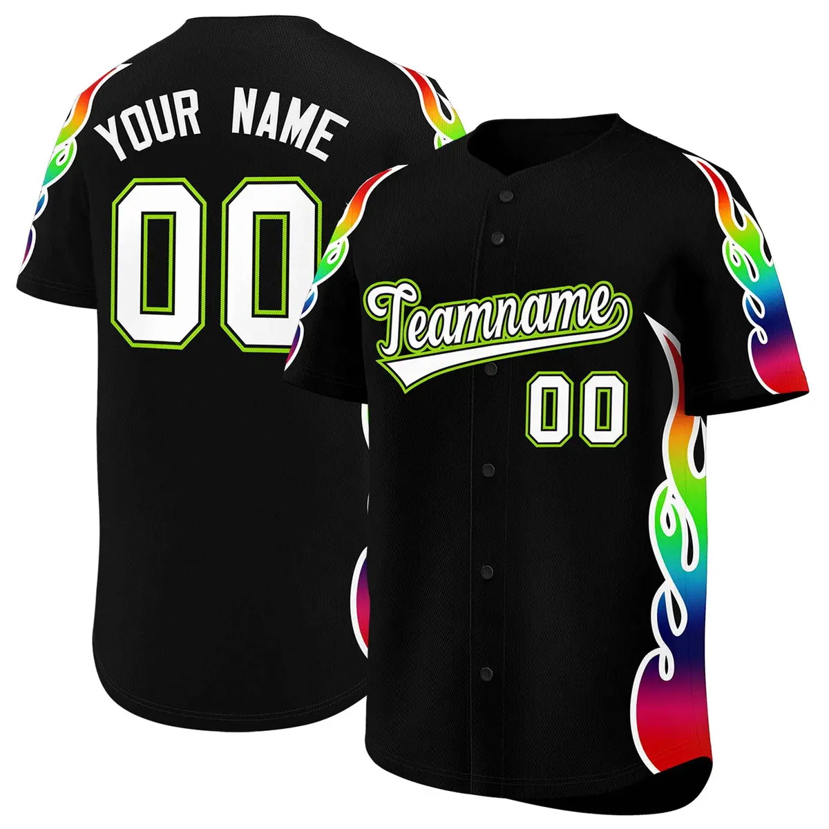 Black Graffiti Multicolored Flames Print Baseball Jersey
