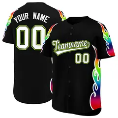 Black Graffiti Multicolored Flames Print Baseball Jersey 1