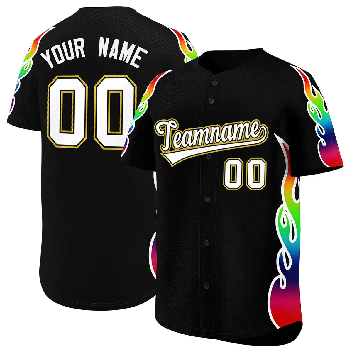 Black Graffiti Multicolored Flames Print Baseball Jersey