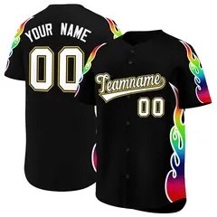 Black Graffiti Multicolored Flames Print Baseball Jersey 1