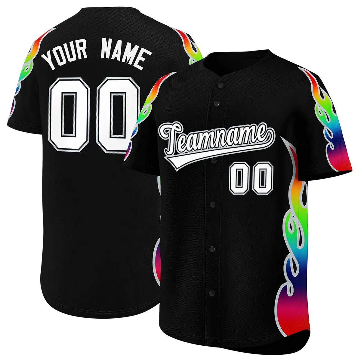 Black Graffiti Multicolored Flames Print Baseball Jersey