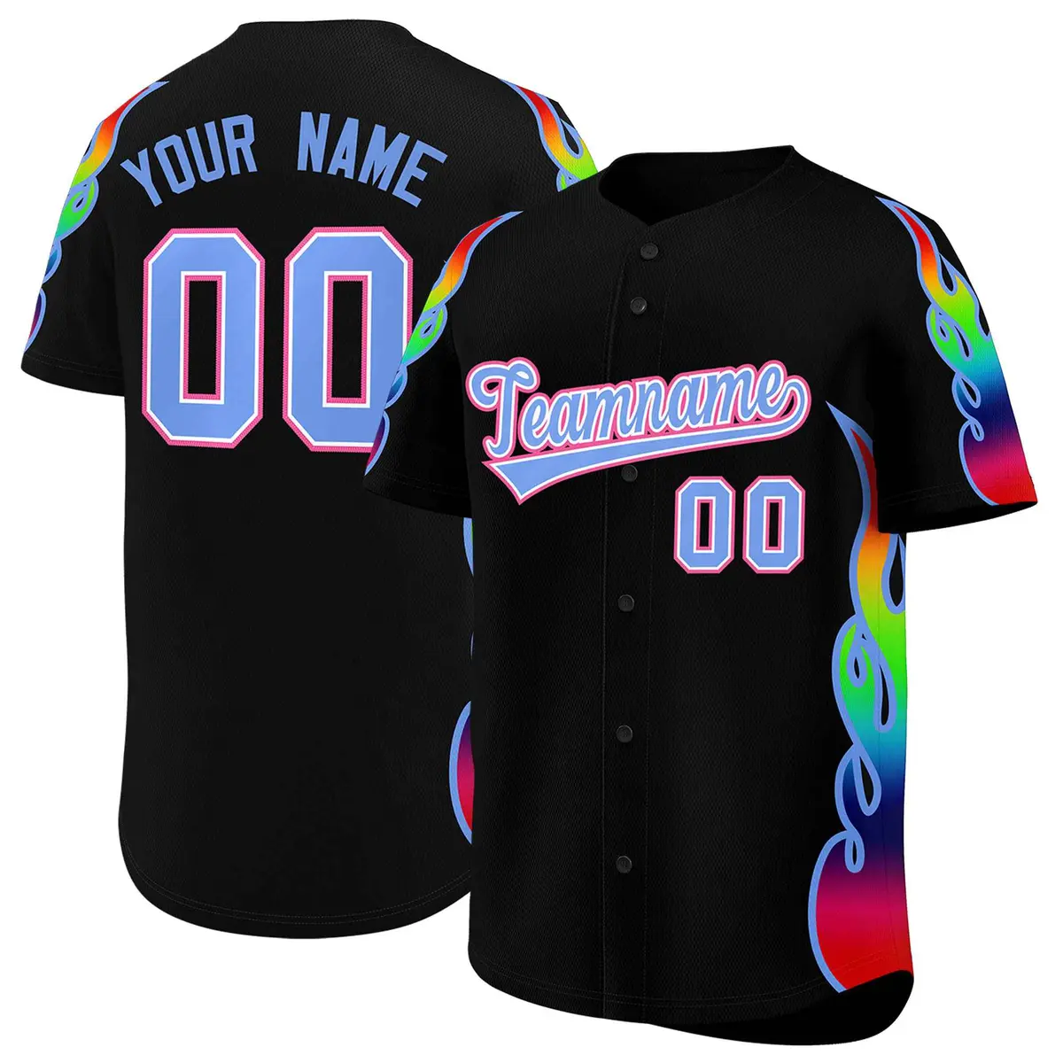 Black Graffiti Multicolored Flames Print Baseball Jersey