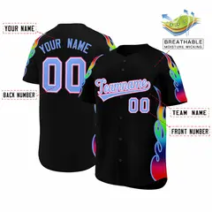 Black Graffiti Multicolored Flames Print Baseball Jersey 2