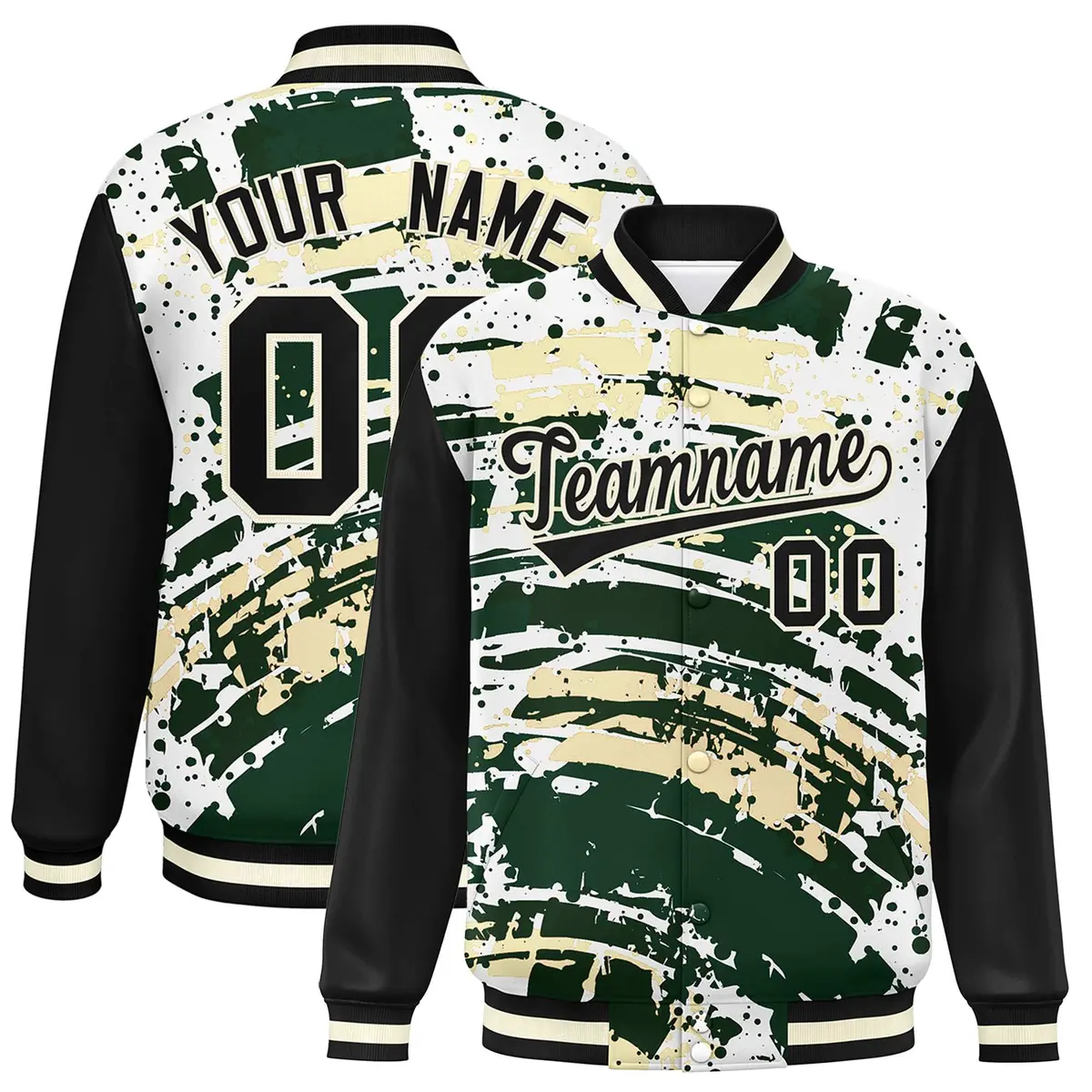 Black Graffiti Pattern Varsity Full-Snap Letterman Baseball Jacket