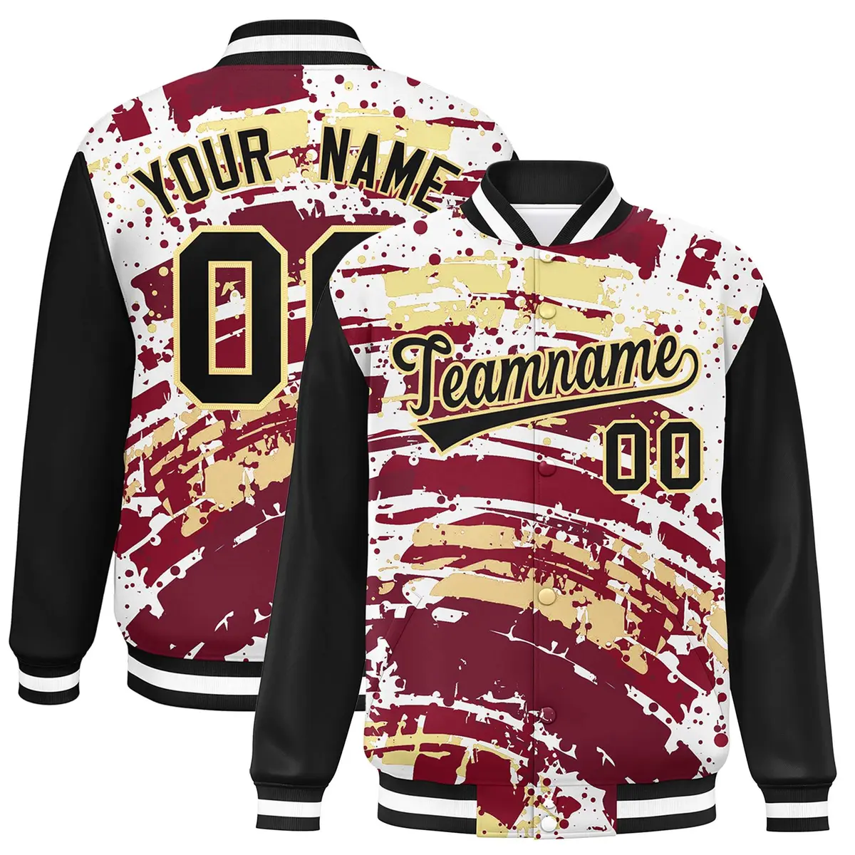 Black Graffiti Pattern Varsity Full-Snap Letterman Baseball Jacket