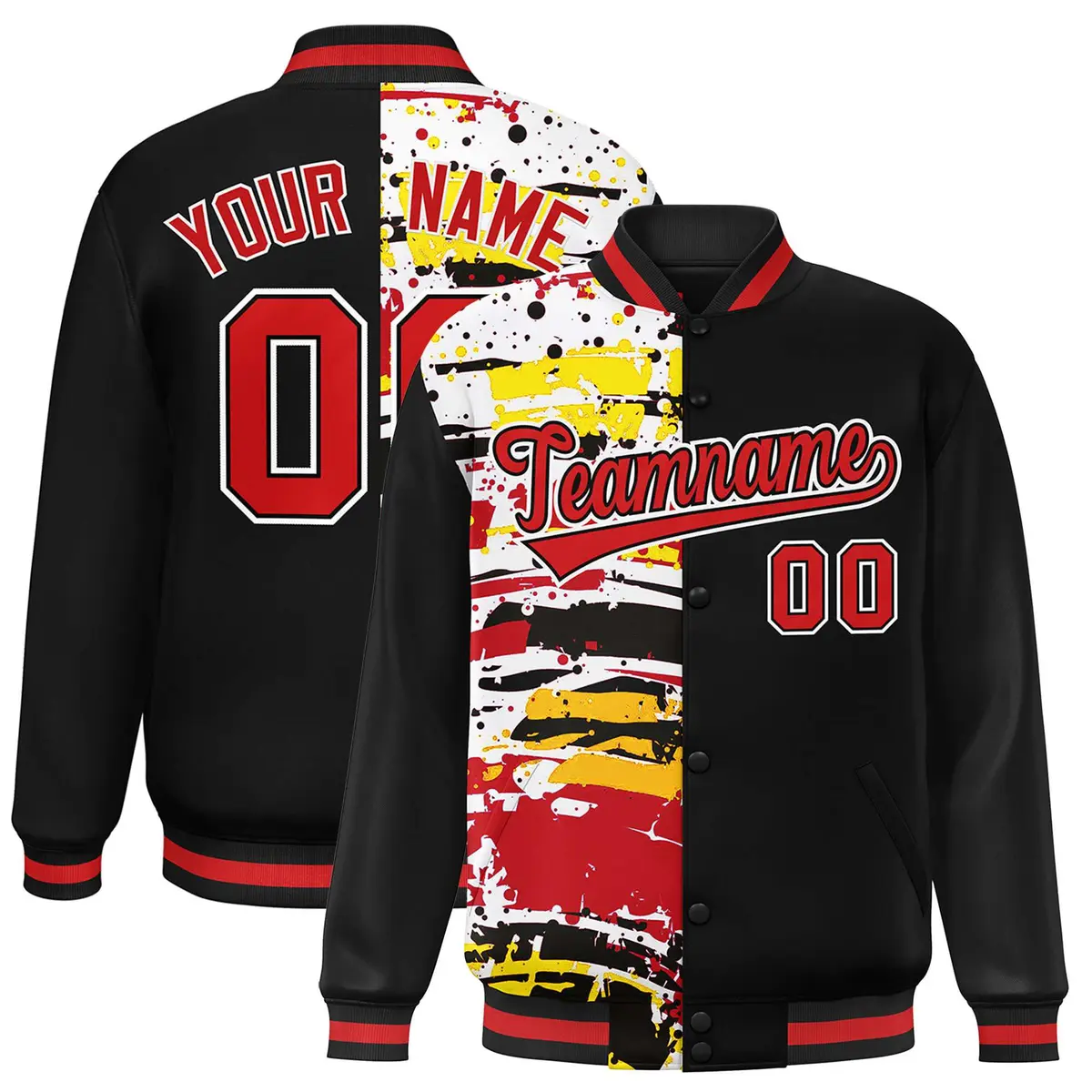 Black Graffiti Pattern Varsity Full-Snap Letterman Baseball Jacket
