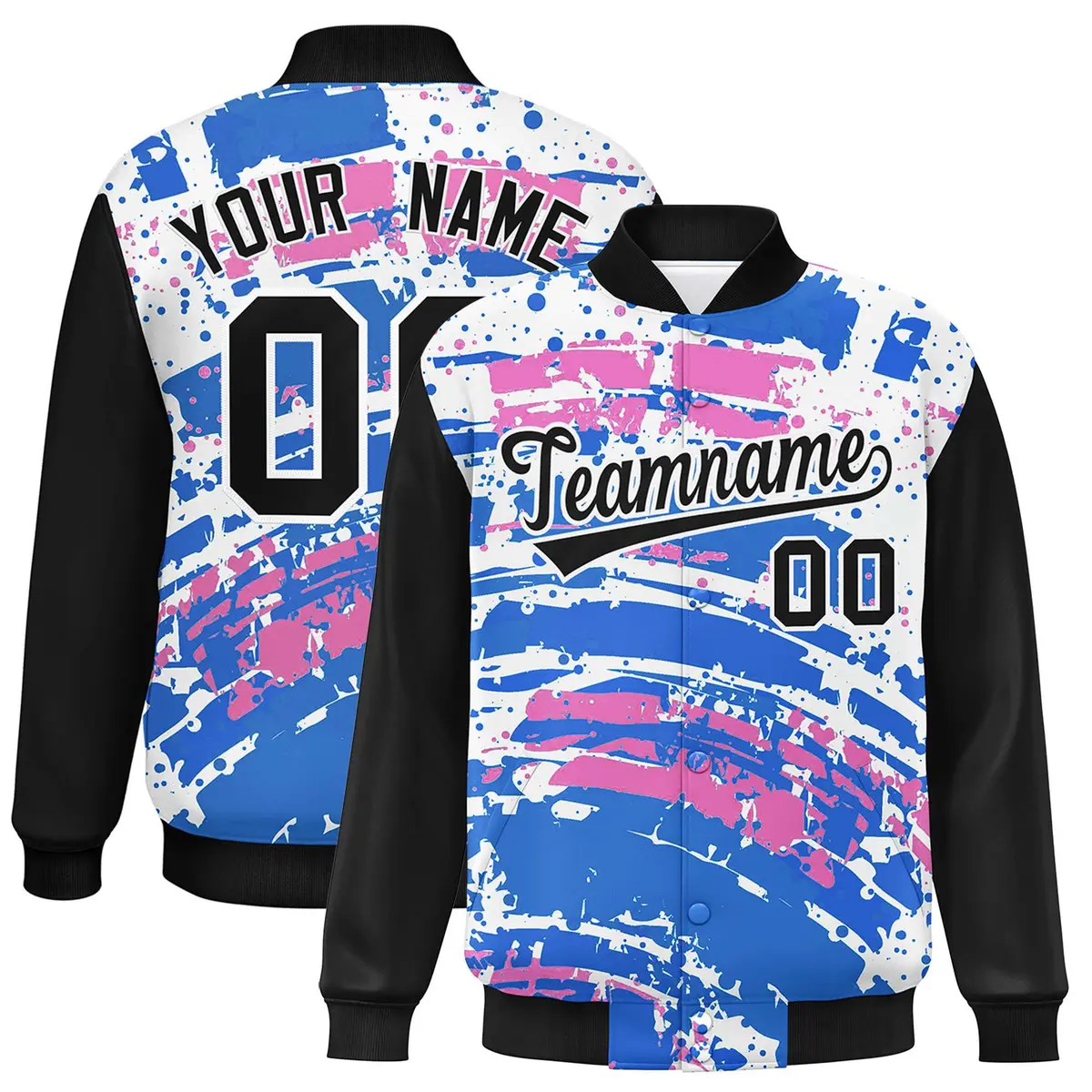 Black Graffiti Pattern Varsity Full-Snap Letterman Baseball Jacket