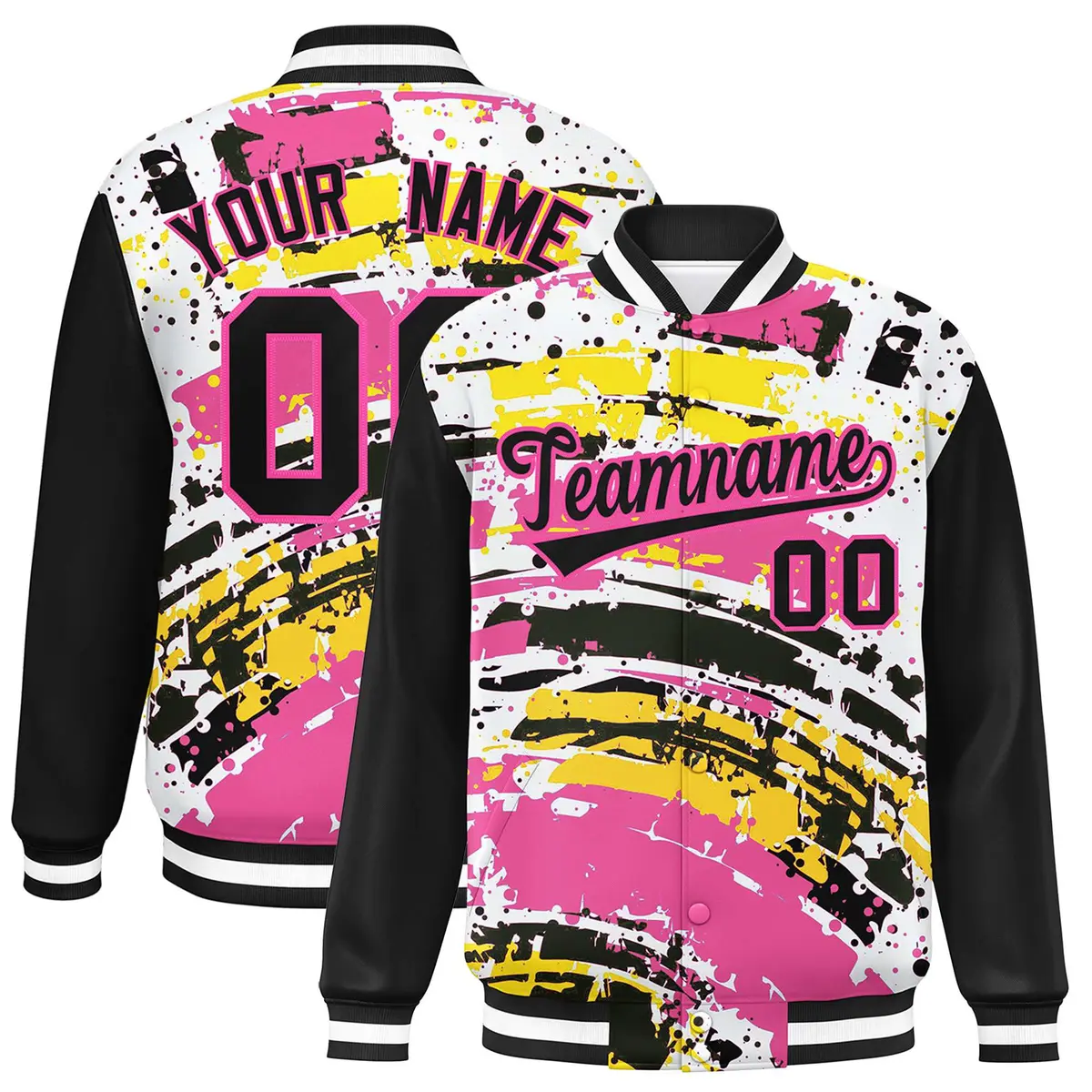 Black Graffiti Pattern Varsity Full-Snap Letterman Baseball Jacket