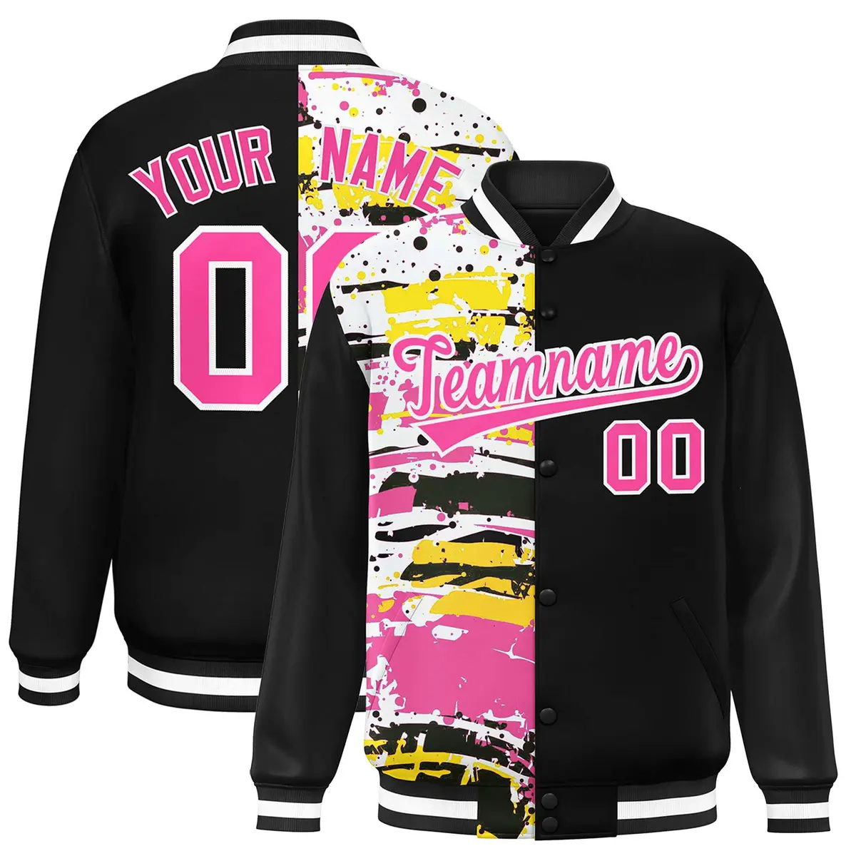 Black Graffiti Pattern Varsity Full-Snap Letterman Baseball Jacket