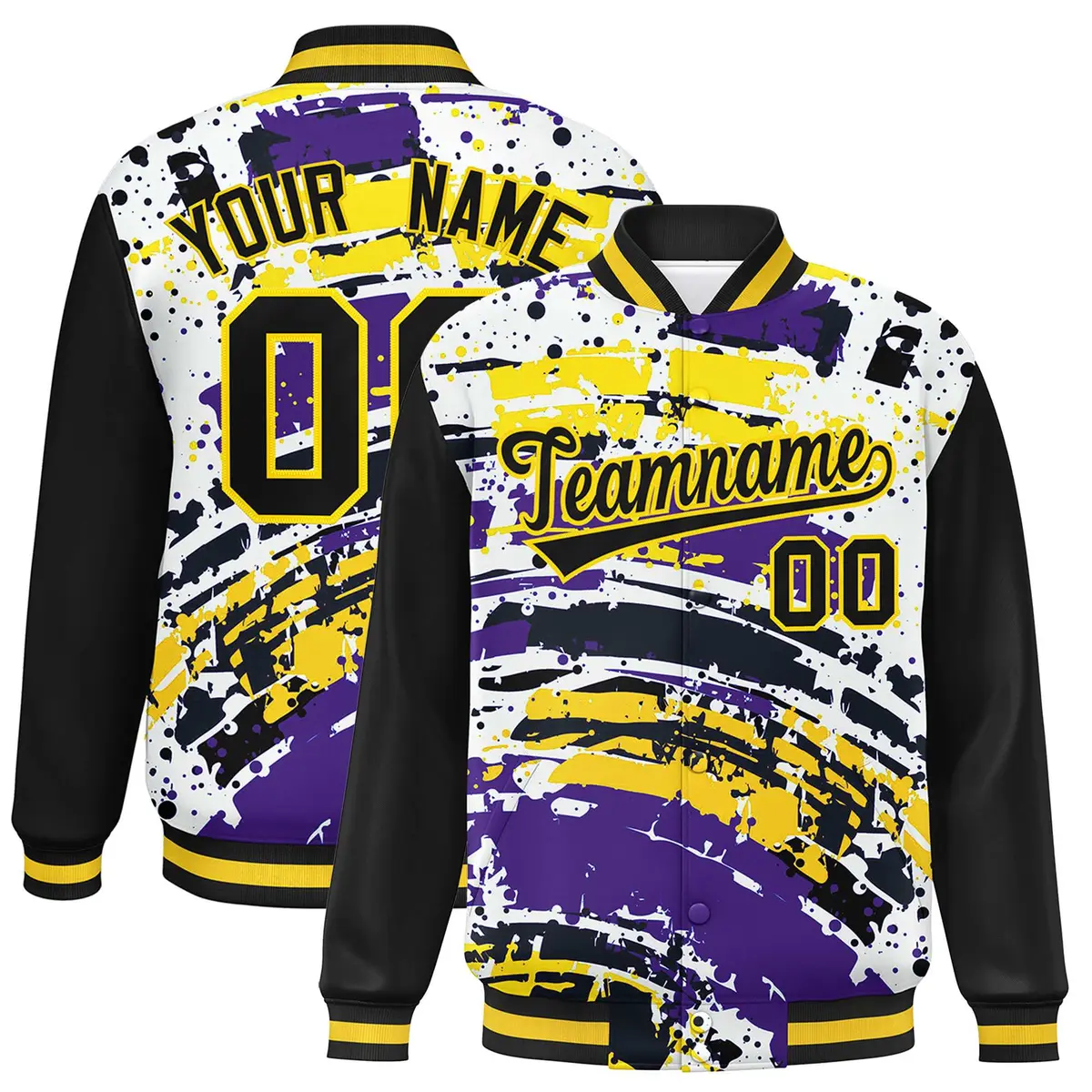 Black Graffiti Pattern Varsity Full-Snap Letterman Baseball Jacket