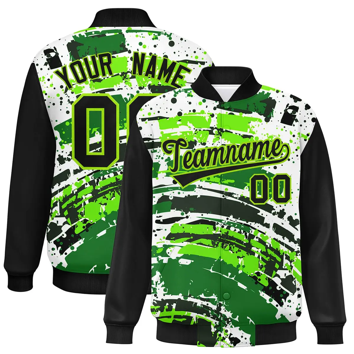 Black Graffiti Pattern Varsity Full-Snap Letterman Baseball Jacket