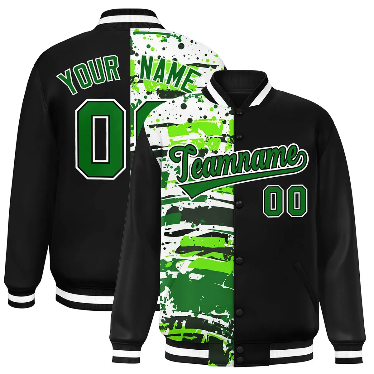 Black Graffiti Pattern Varsity Full-Snap Letterman Baseball Jacket
