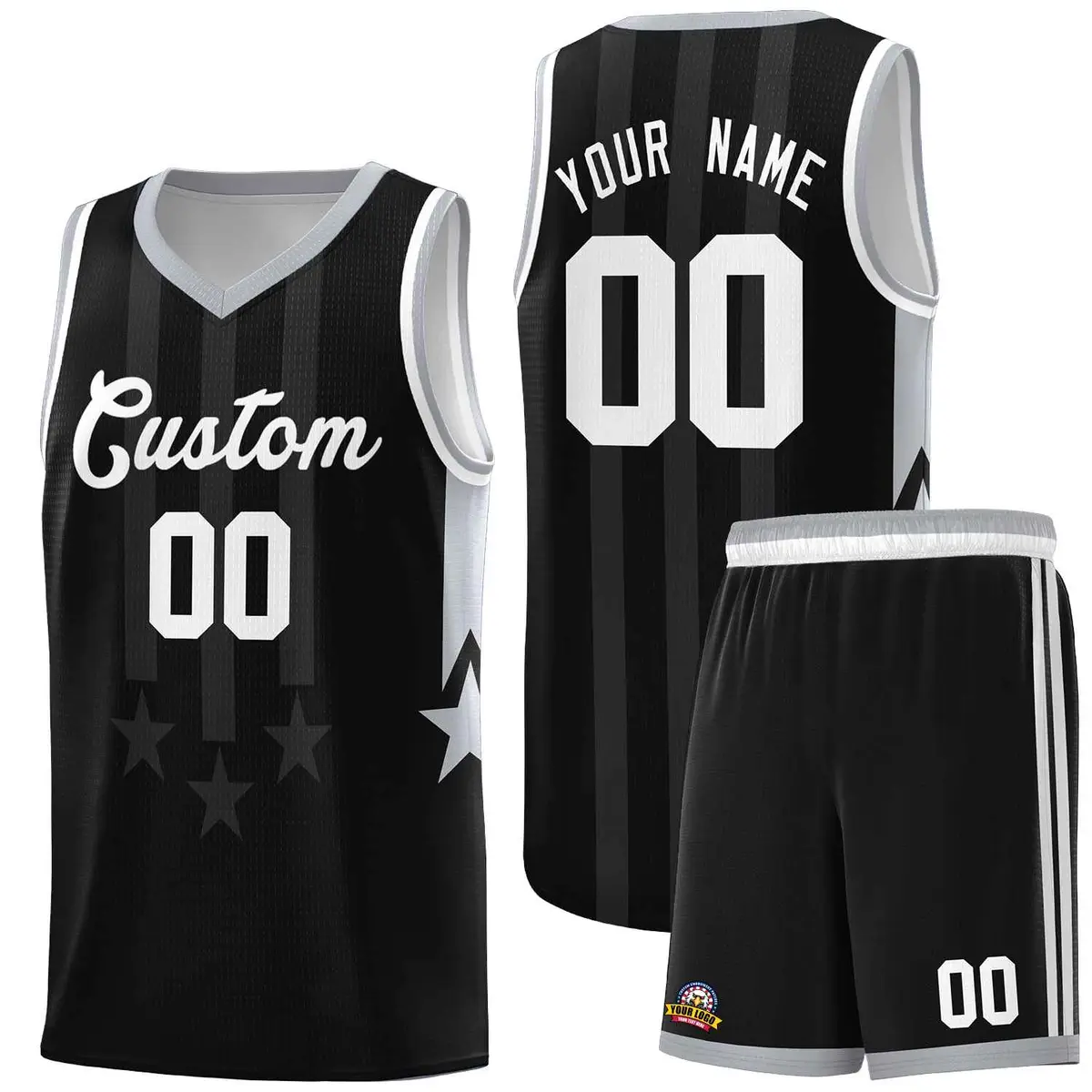 Black Gray and White Gradient Star Graffiti Basketball Jersey