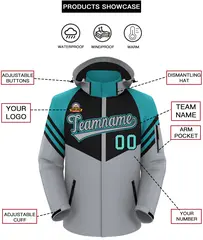 Black Gray-Aqua Color Block Hooded Outdoor Waterproof Jacket 2