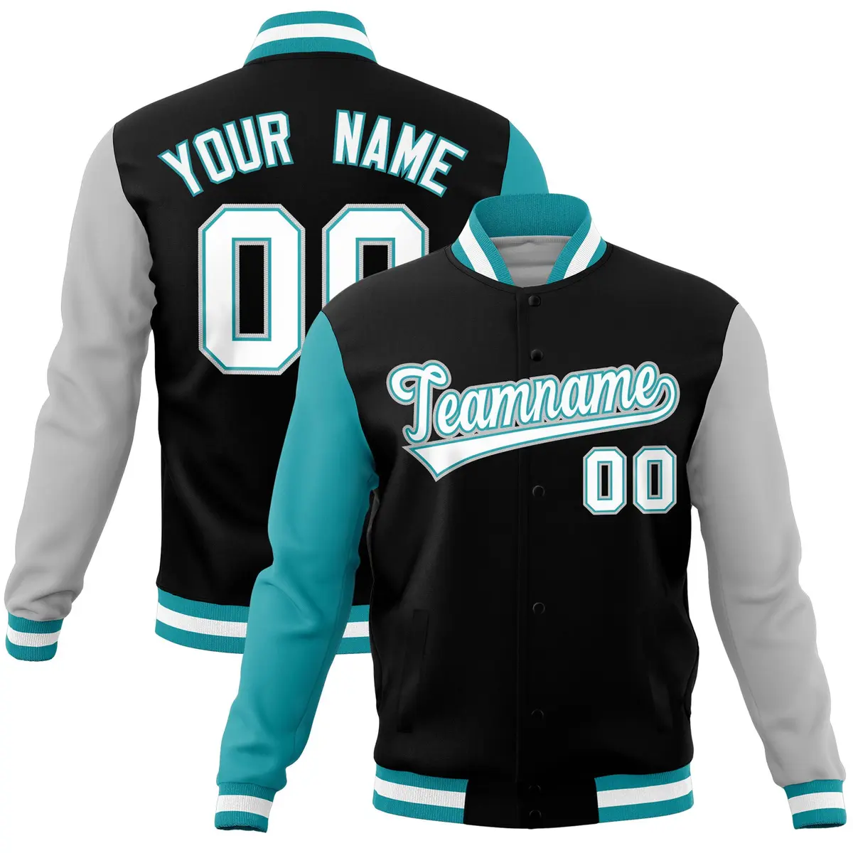 Black Gray-Aqua Full-Snap Raglan Varsity Letterman Jacket