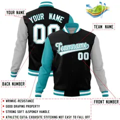 Black Gray-Aqua Full-Snap Raglan Varsity Letterman Jacket 4