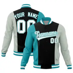 Black Gray Aqua Three Color Block Varsity Letterman Jacket 1