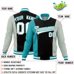 Black Gray Aqua Three Color Block Varsity Letterman Jacket 2