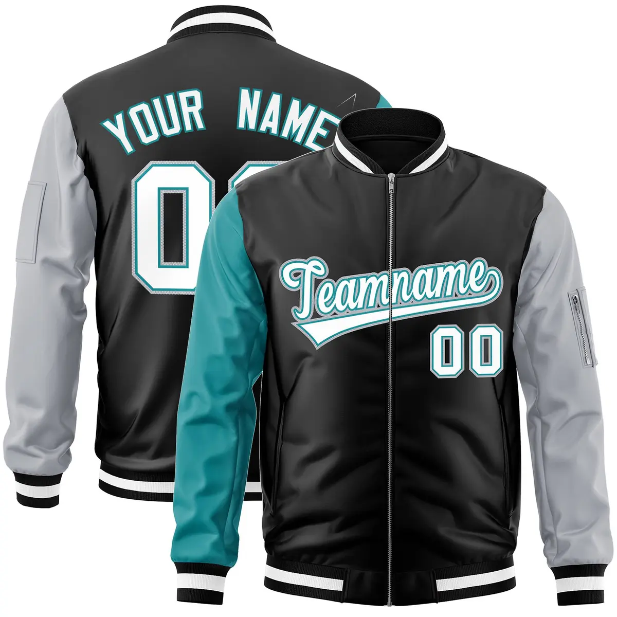 Black Gray Aqua Varsity Full-Zip Raglan Letterman Bomber Jacket