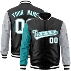 Black Gray Aqua Varsity Full-Zip Raglan Letterman Bomber Jacket