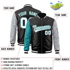 Black Gray Aqua Varsity Full-Zip Raglan Letterman Bomber Jacket 2