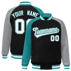 Black Gray-Aqua Varsity Raglan Letterman Bomber Jacket