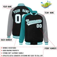 Black Gray-Aqua Varsity Raglan Letterman Bomber Jacket 2