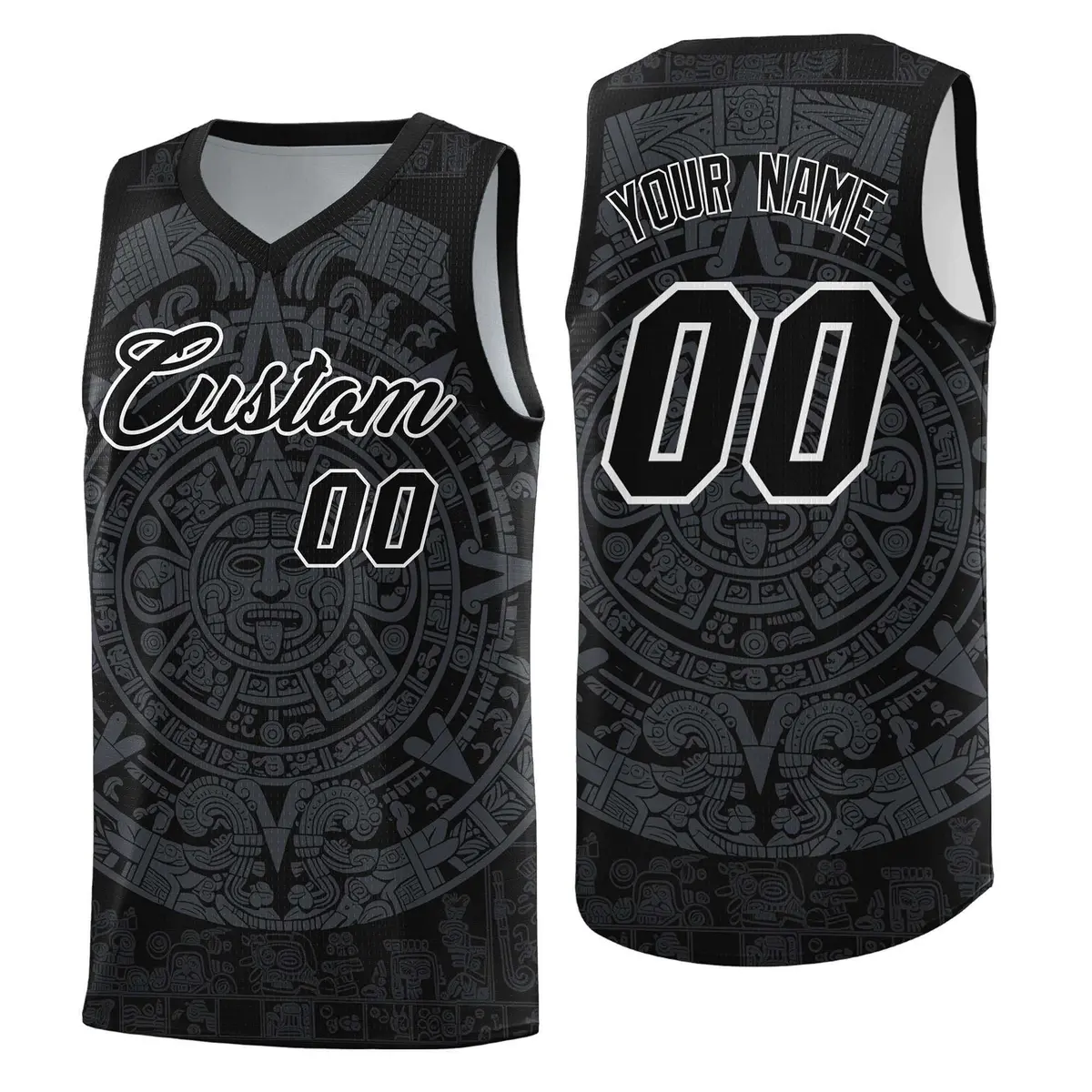 Black Gray Aztec Sun Stone Graffiti Wrinkle-Resistant Basketball Jersey