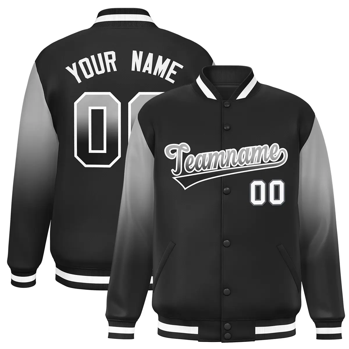 Black Gray-Black Gradient Raglan Sleeves Varsity Full-Snap Baseball Jacket