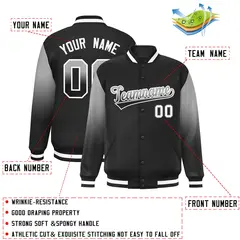Black Gray-Black Gradient Raglan Sleeves Varsity Full-Snap Baseball Jacket 2