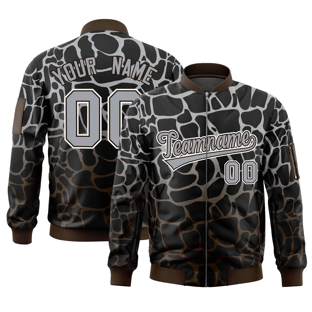 Black Gray-Brown Spotted Full-Zip Letterman Bomber Jacket
