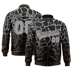 Black Gray-Brown Spotted Full-Zip Letterman Bomber Jacket