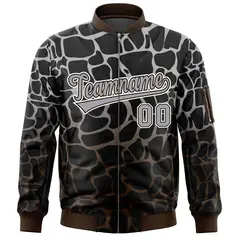 Black Gray-Brown Spotted Full-Zip Letterman Bomber Jacket 3