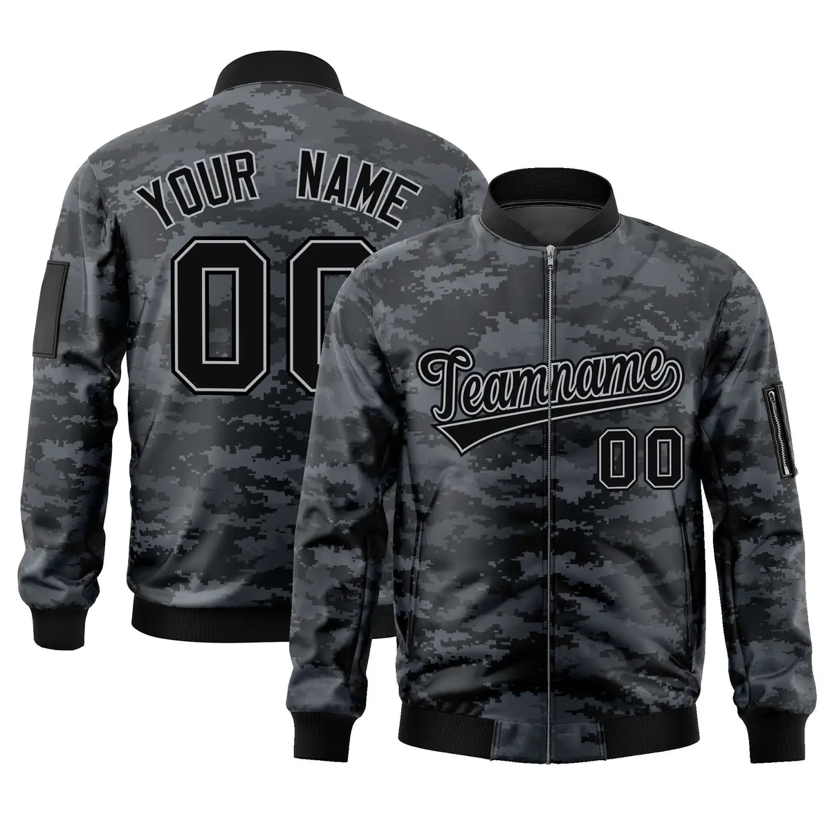 Black Gray Camo Varsity Full-Zip Letterman Bomber Jacket